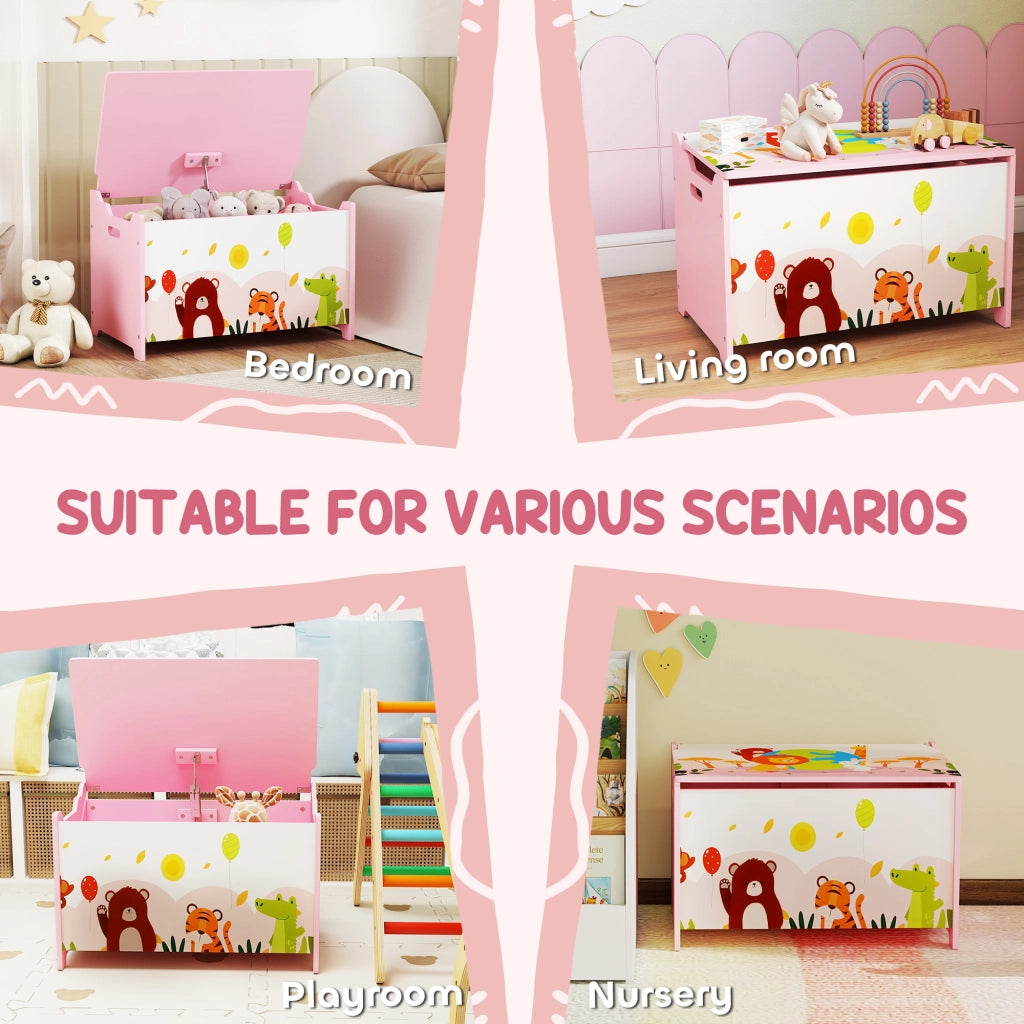 Baule Portagiochi per Bambini Tema Animali 60x37x39 cm con Cerniere di Sicurezza in Legno Rosa