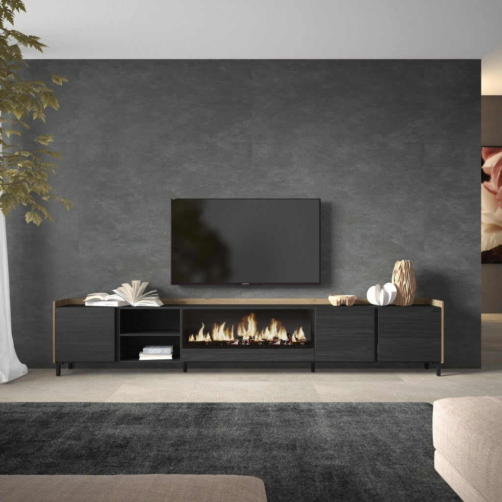 Mobile TV Soggiorno, 315x61x35 cm, Per TV fino a 80", Camino elettrico XXL, Design industriale, Nero e rovere