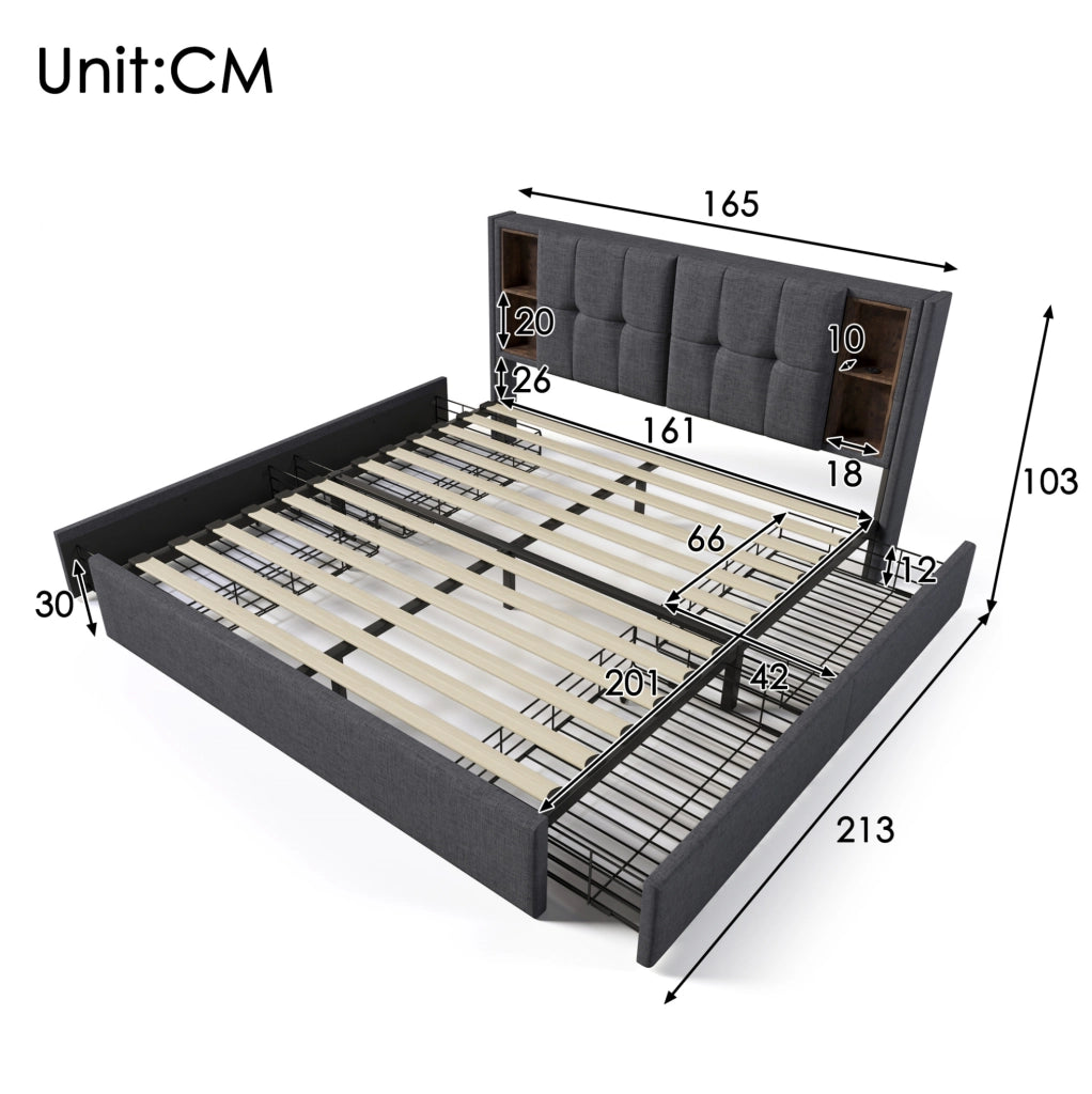 Letto matrimoniale 160x200 cm in lino grigio con ricarica wireless; USB e 4 cassetti