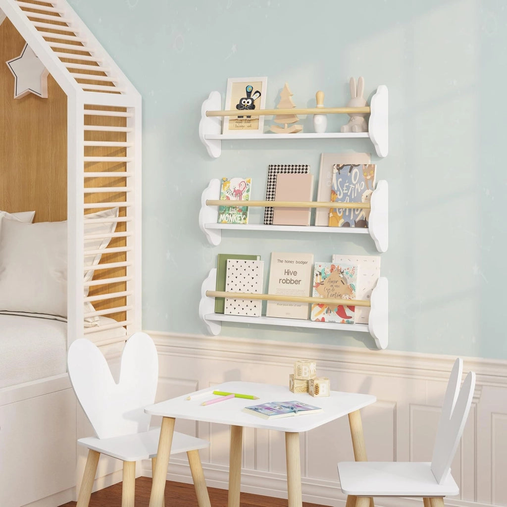 Libreria da Parete per Bambini, 3 Mensole per Cameretta, Porta Libri e Giocattoli, Libreria Sospesa in Pino e MDF, Bianco