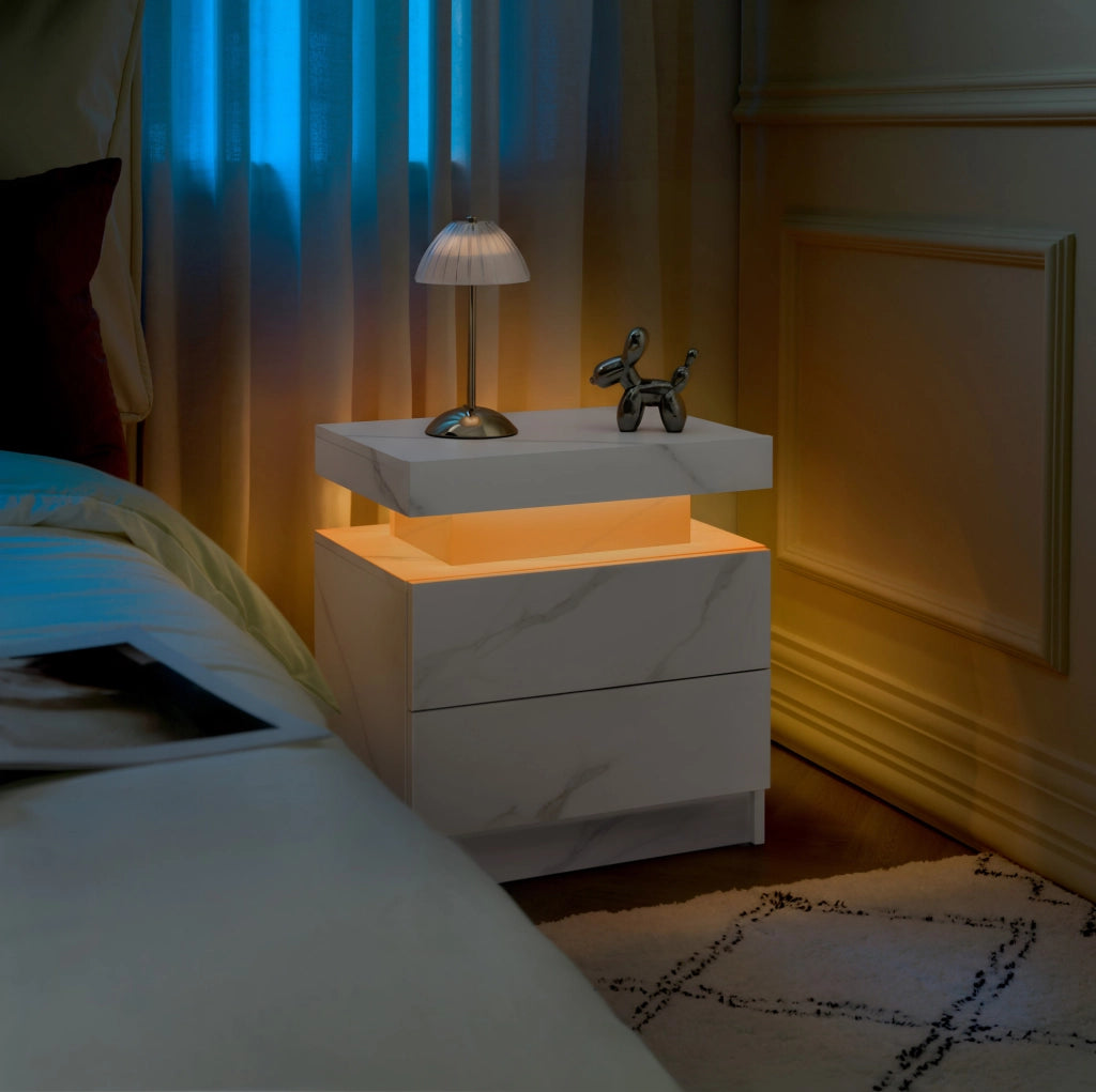 Comodino Moderno con Luce LED Regolabile e 2 Cassetti, Tavolino da Camera Bianco Pietra