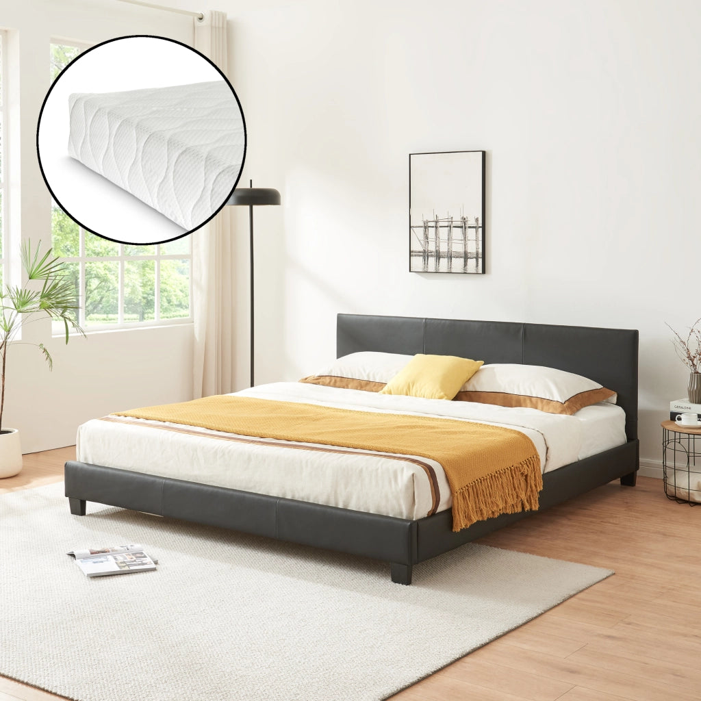 Letto Matrimoniale Albacete con Testiera Alta e Materasso 160x200 cm Similpelle Nero Corium