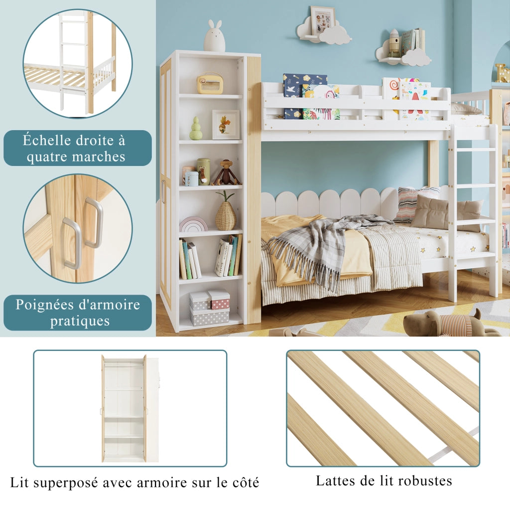 Letto a castello per bambini 90x200 cm con armadio laterale; scala a 4 gradini; bianco/naturale