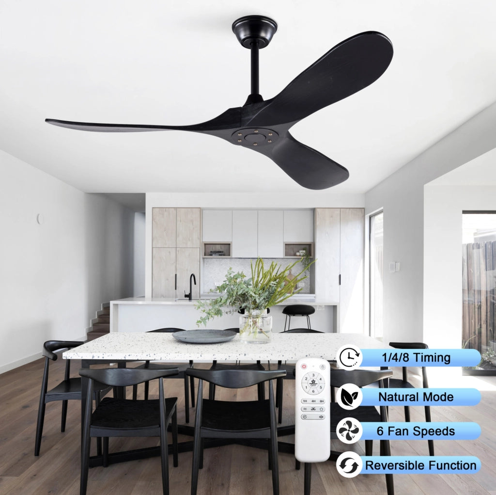 Ventilatore da soffitto 52 pollici nero con 3 pale in legno; telecomando; senza luce