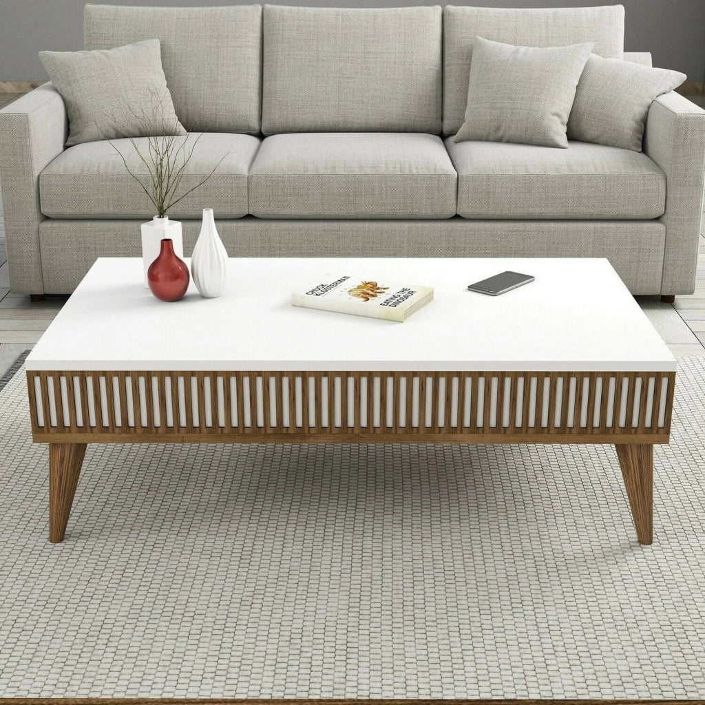 Tavolino da salotto Atrani, Tavolo basso da caffè, Portariviste per divano, Ripiano da soggiorno, 105x60h35 cm, Noce e Bianco