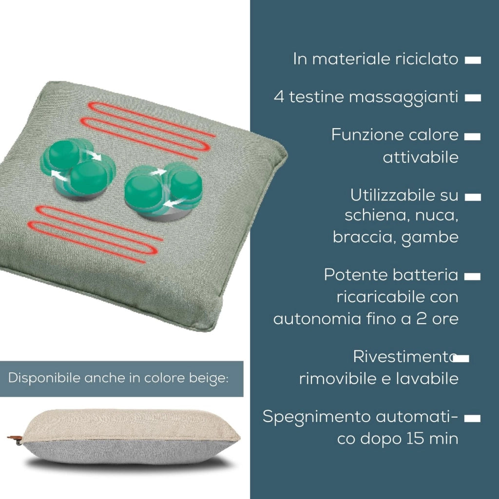 Beurer MG 139 - Cuscino massaggiante a batteria con funzione di calore, senza fili Shiatsu, calore commutabile, realizzato in materiale riciclato, lavabile in lavatrice, spegnimento automatico, 40 x
