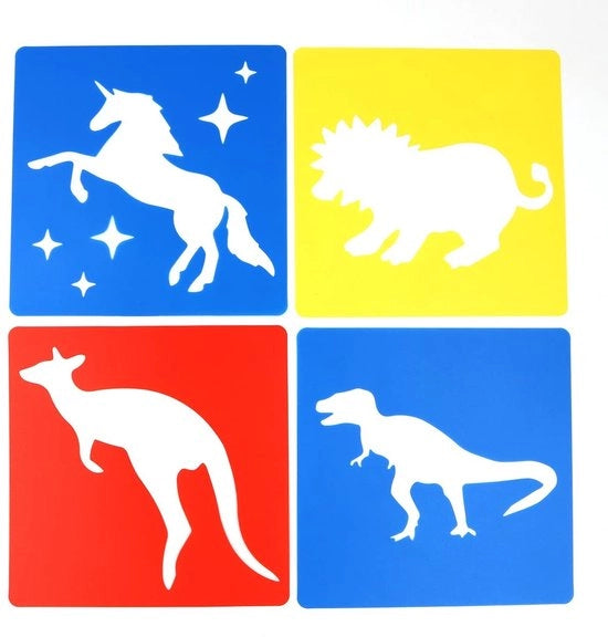 Set di stencil - 12 stencil animali - Creatività per bambini - 20 x 20 cm - Materiale plastico lavabile - Adatto per bambini - Apprendimento della pittura