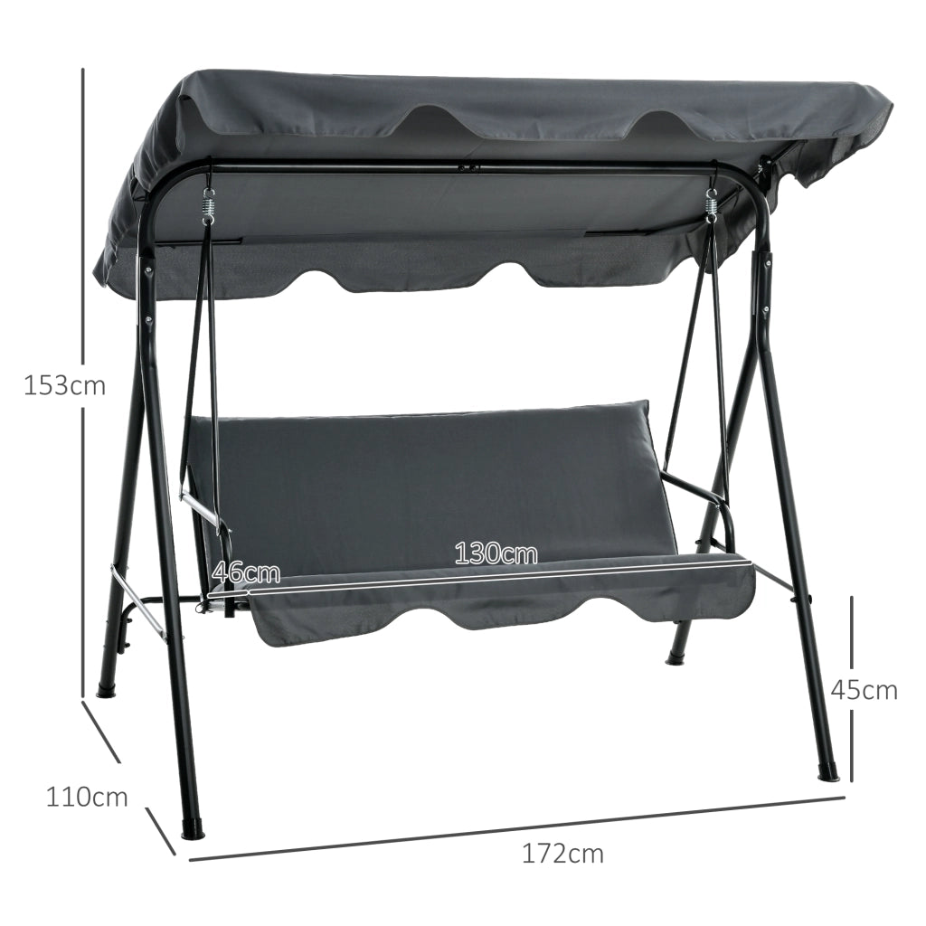 Dondolo 3 Posti con Tettuccio Regolabile e Cuscini ¨C zephmum ¨C Grigio Acciaio Poliestere 172x110x153 cm