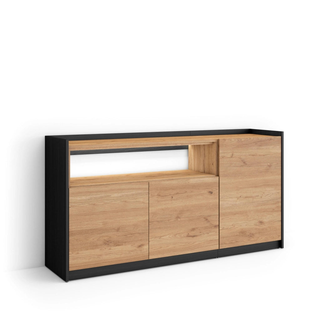 Credenza, Mobile, Cucina, 156x80x37 cm, 3 Porte, LED, Rovere e nero