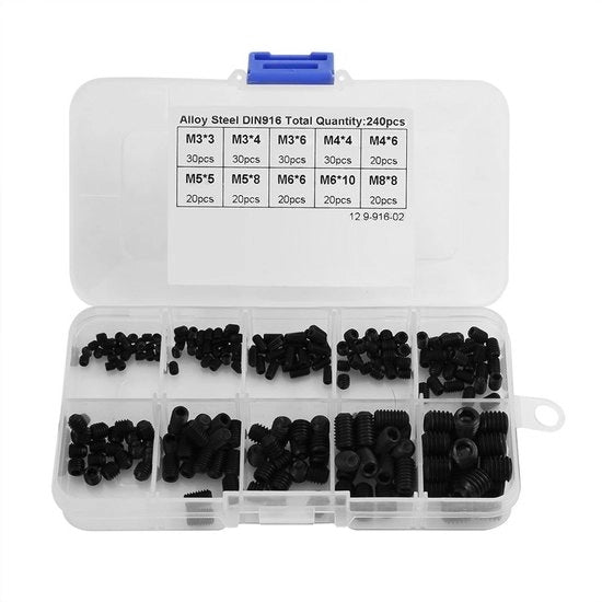 Set di viti in acciaio inossidabile 240 pezzi - Acciaio lamellare - Viti a 6 gomiti - DIN916 M3-M8 - Resistente alla corrosione