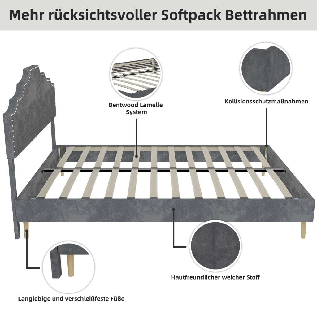 Letto 160x200 cm con Testiera Geometrica; Struttura in Tessuto e Metallo; Grigio