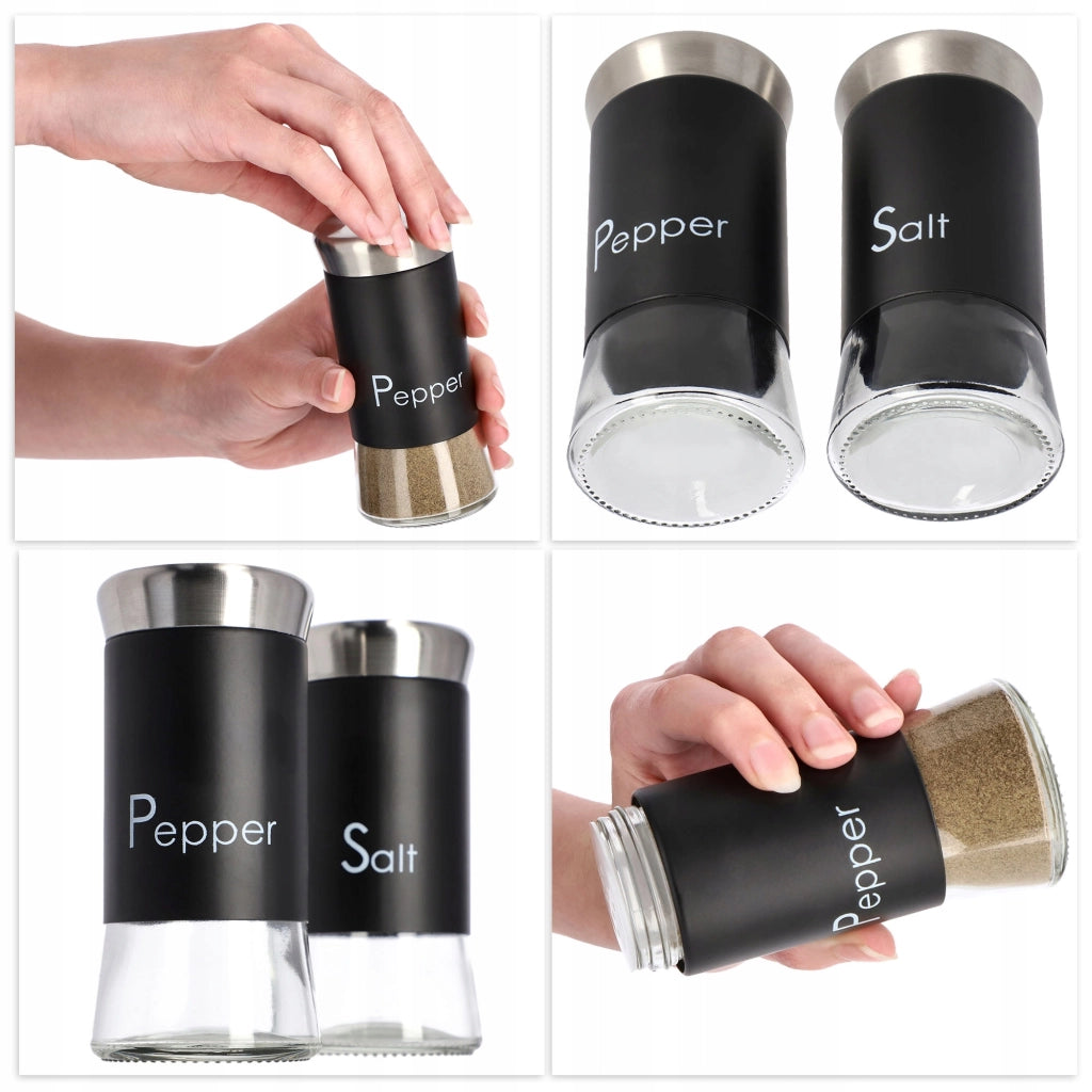 Saliera KADAX, contenitore per sale, nera, 150 ml, in vetro e acciaio, per condimenti.