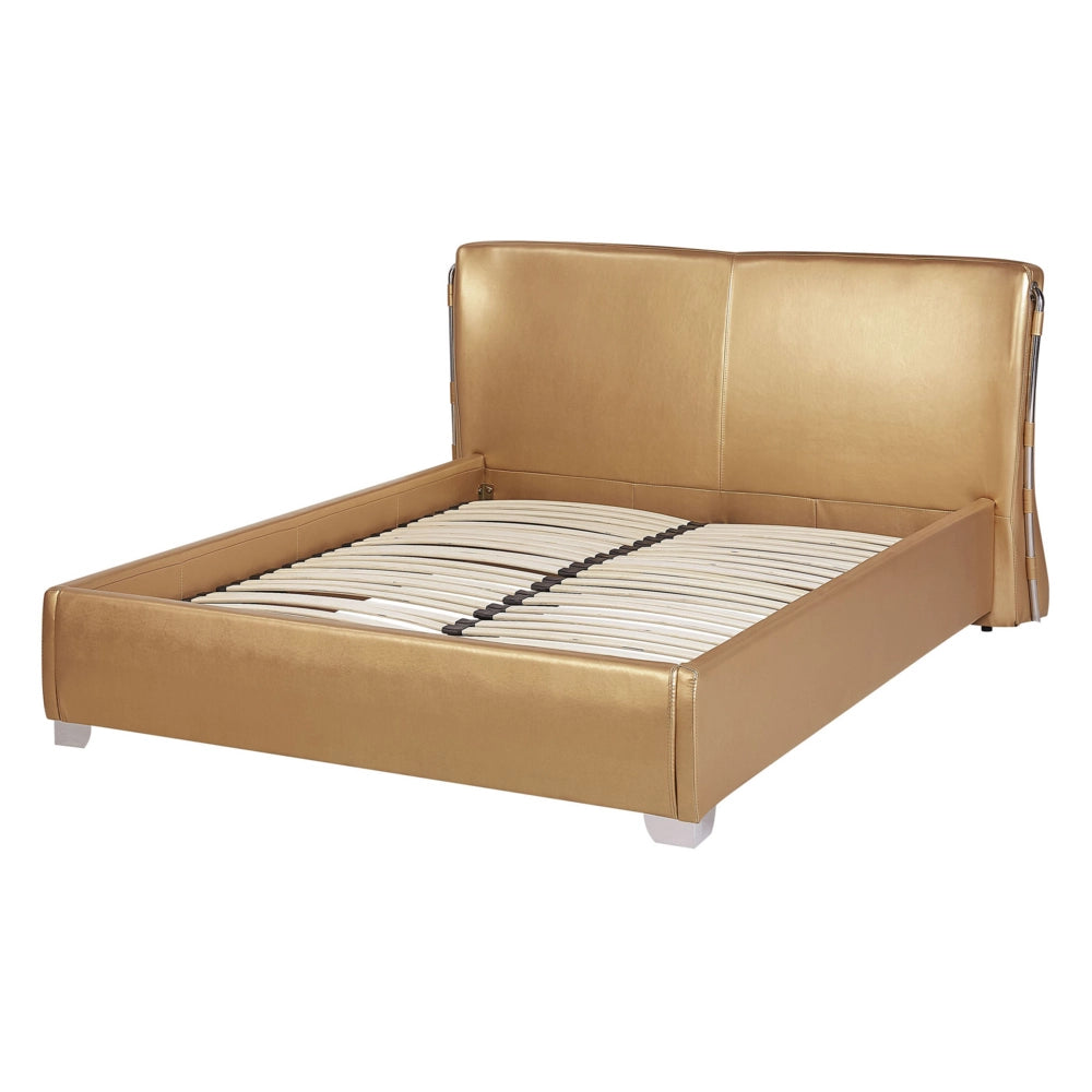 Letto Vera Pelle Color Oro Testiera Curva Rete a Doghe 140 x 200 cm