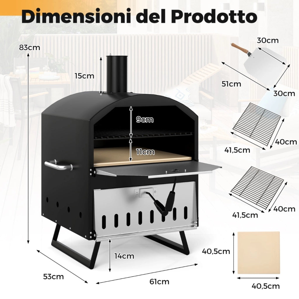 Bruciatore pizza a 2 strati con pietra quadrata da cucina e copertura per campeggio-Forno per pizza a legna da esterno da 40 cm Nero e argento