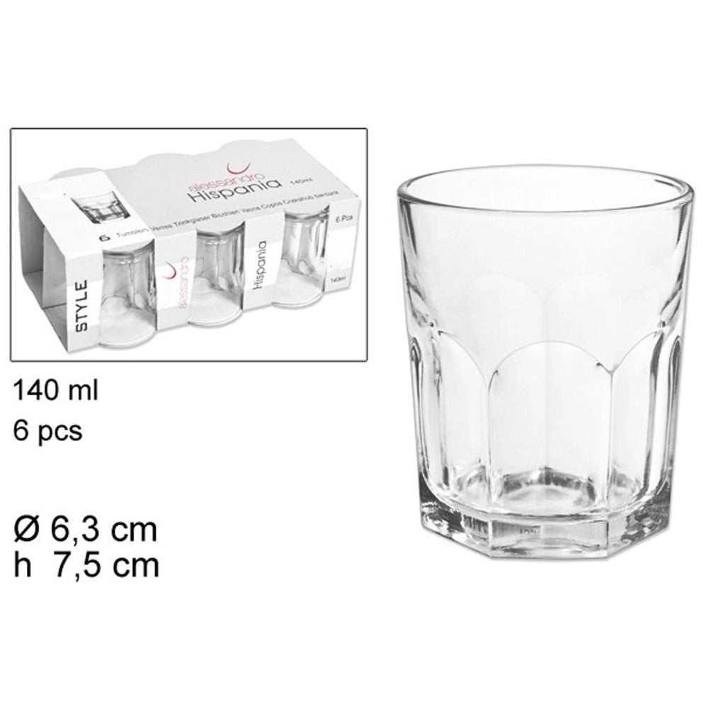 Trade Shop - Set 6 Bicchieri Trasparenti 140ml In Vetro Da Tavola Acqua Bevanda Calda The -