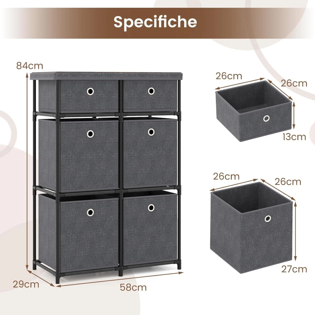 Comò con 6 Cassetti, Cassettiera in Tessuto con Struttura in Metallo e Legno, Armadietto Portaoggetti Salvaspazio, per Soggiorno, Camera da Letto e Corridoio (58 x 29 x 84 cm,Grigio)