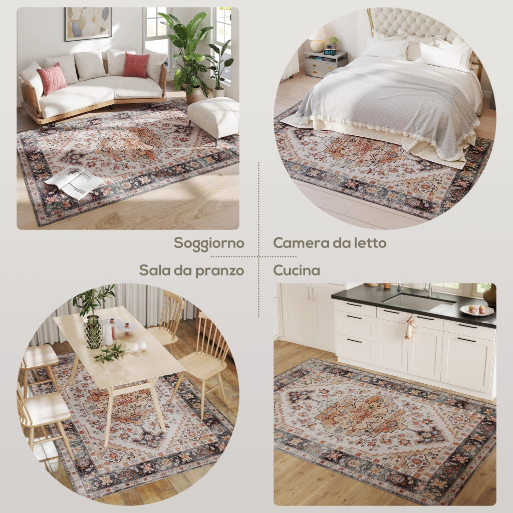 Tappeto Bohemien Antiscivolo e Lavabile 230x160 cm a Pelo Corto in Effetto Cashmere Marrone