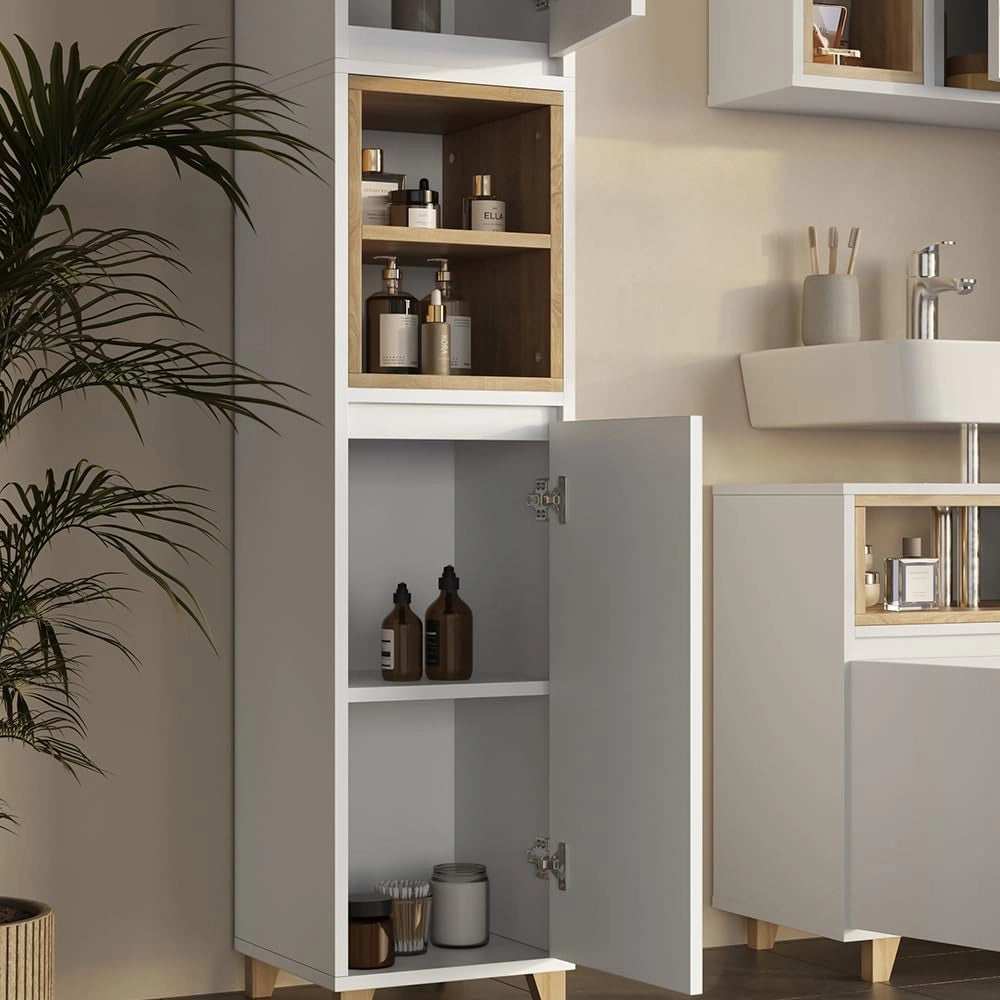 Armadio per il bagno Elnor, Bianco/quercia, 30 x 170 cm con 2 porte, per la conservazione di tessili da bagno e combinabile con Elnor