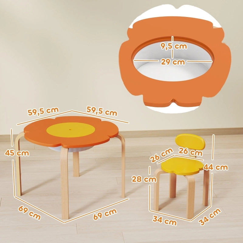 Set tavolo e 4 sedie per bambini con contenitore centrale, forma floreale, multicolor, in legno