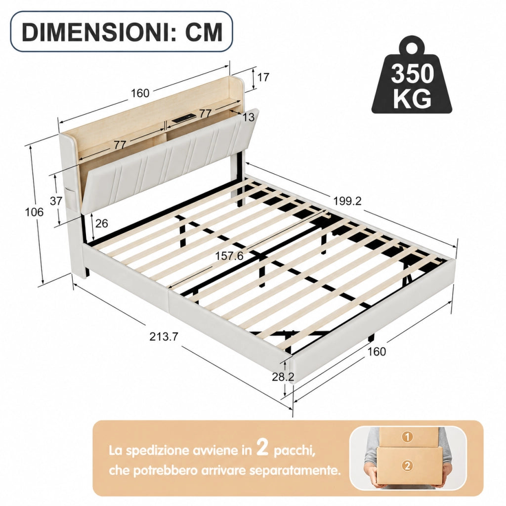 Letto matrimoniale 160x200 cm in pelle PU bianca, testiera con vano portaoggetti, stazione di ricarica, luci RGB a LED, struttura robusta portata 350kg