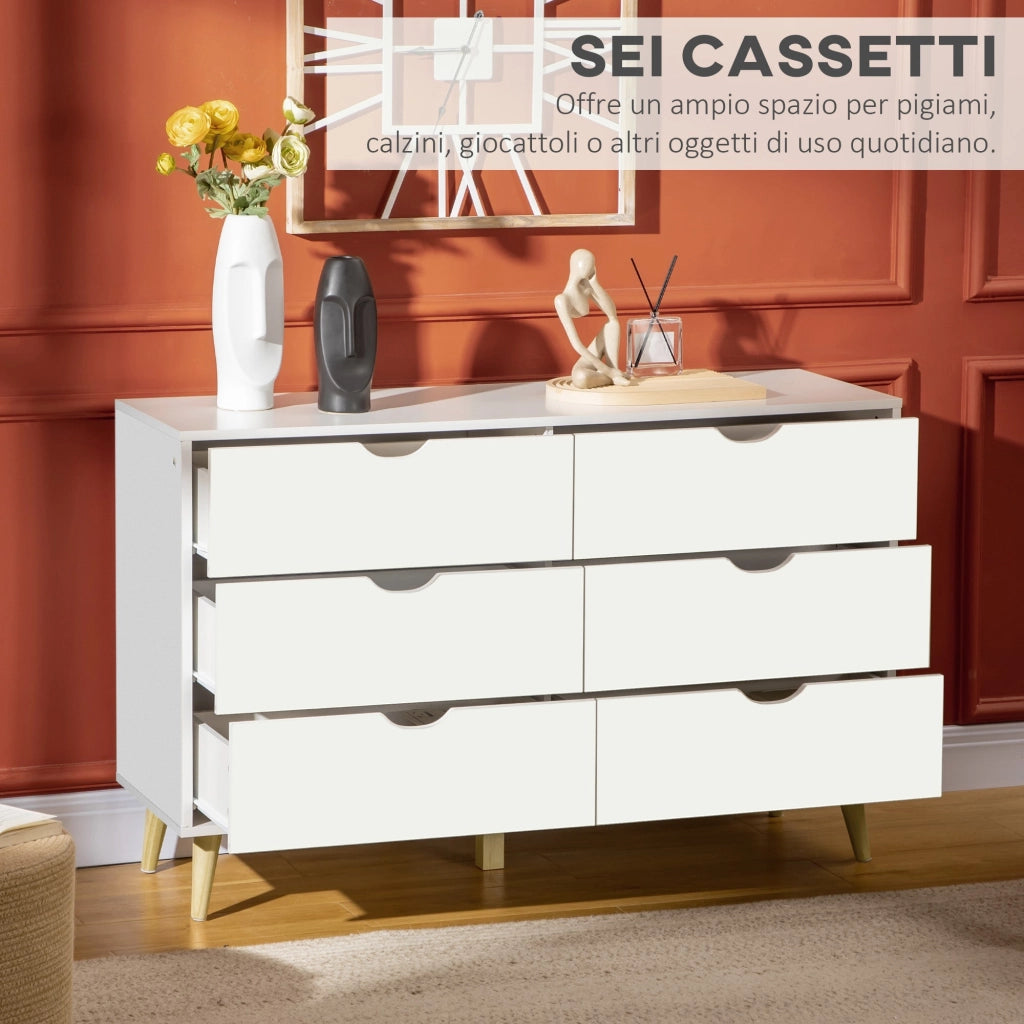 Cassettiera 6 Cassetti con Maniglie Laminate 120x40x76 cm in Legno di Pino Bianca e color Legno