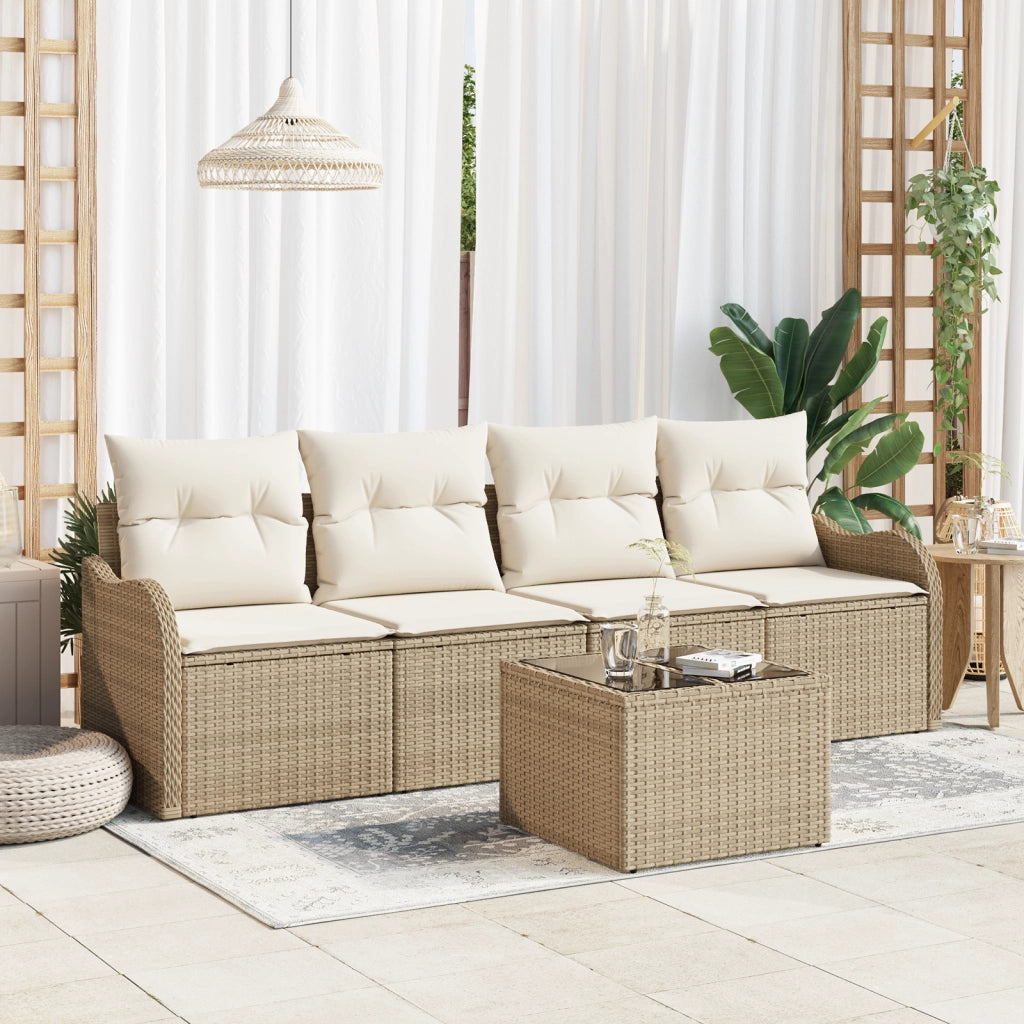 Set Divano da Giardino 5 Pezzi con Cuscini Beige in Rattan Polietilene