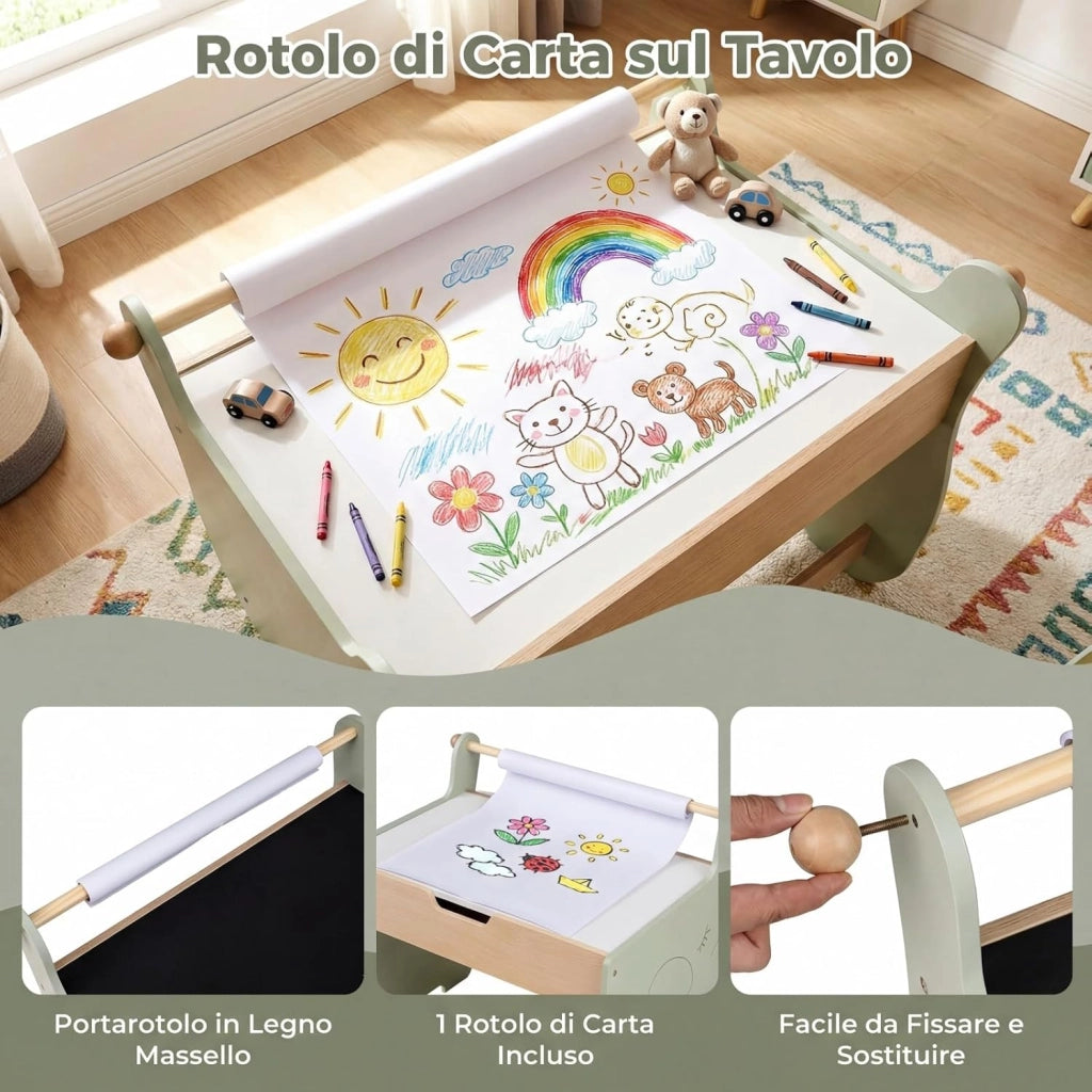 Set Tavolo e Sedia per Bambini 4 in 1, Set con Scrivania e Sedia in Legno per Bambini con Lavagna Reversibile, Rotolo di Carta e Contenitore Nascosto per Aula e Cameretta (Verde)