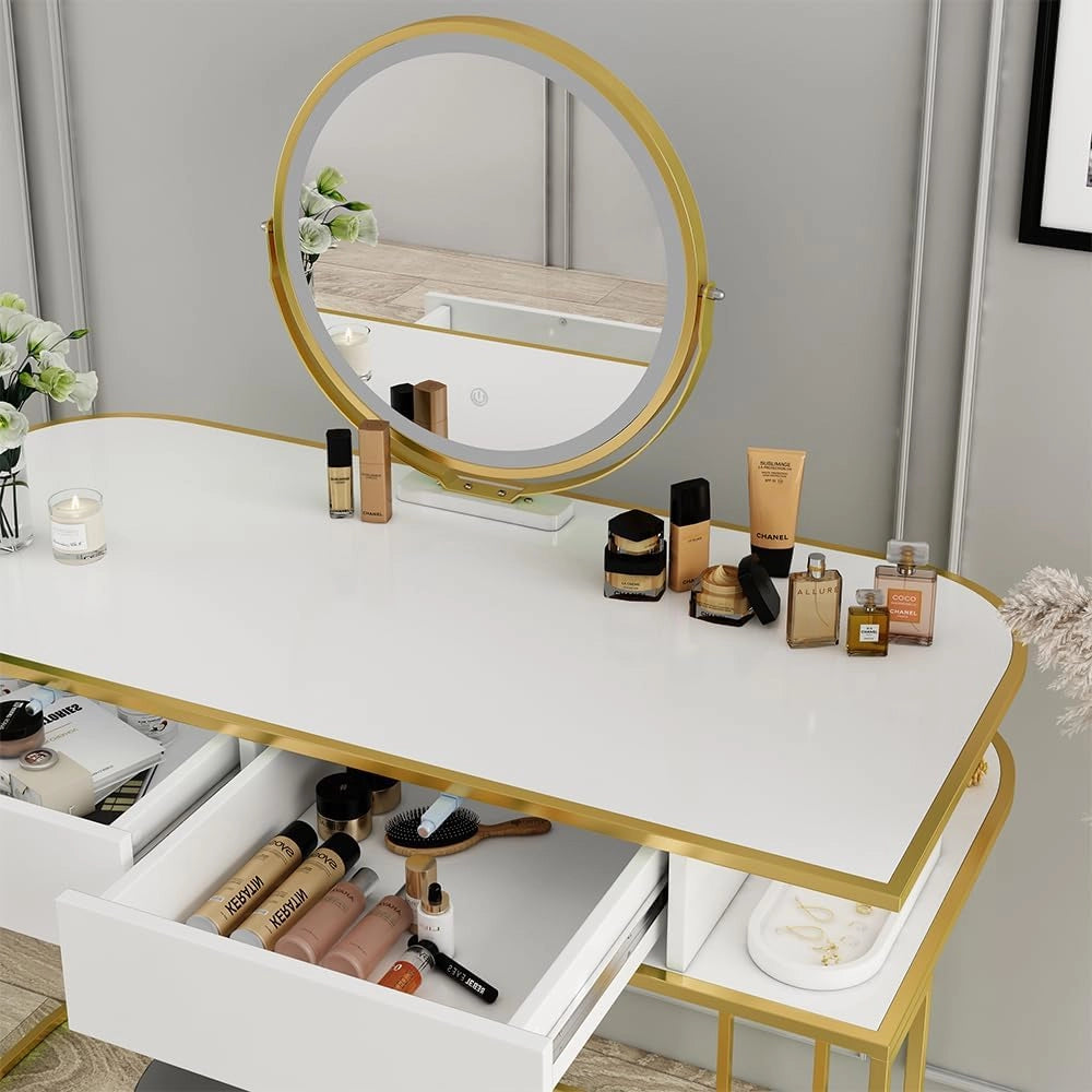Tavolo da toilette Tiara, Bianco/Oro, 110 cm, con illuminazione LED e specchio regolabile in altezza