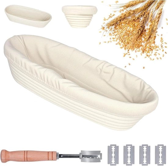 Oggetto di Cucina per Casa - Rijsmandolo Ovale 35 cm con Rijsmand di Paglia e Coltellino da Panettiere con Lame di Affilatura - Set di Cottura per Casa, Cottura e Conservazione del Pane
