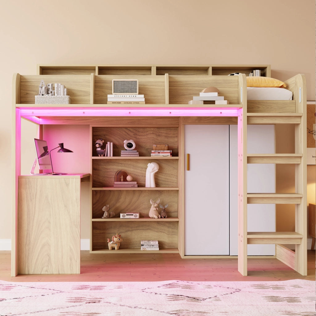 Letto a soppalco singolo 90×200 cm con scrivania; armadio; LED e presa; senza materasso; colore legno
