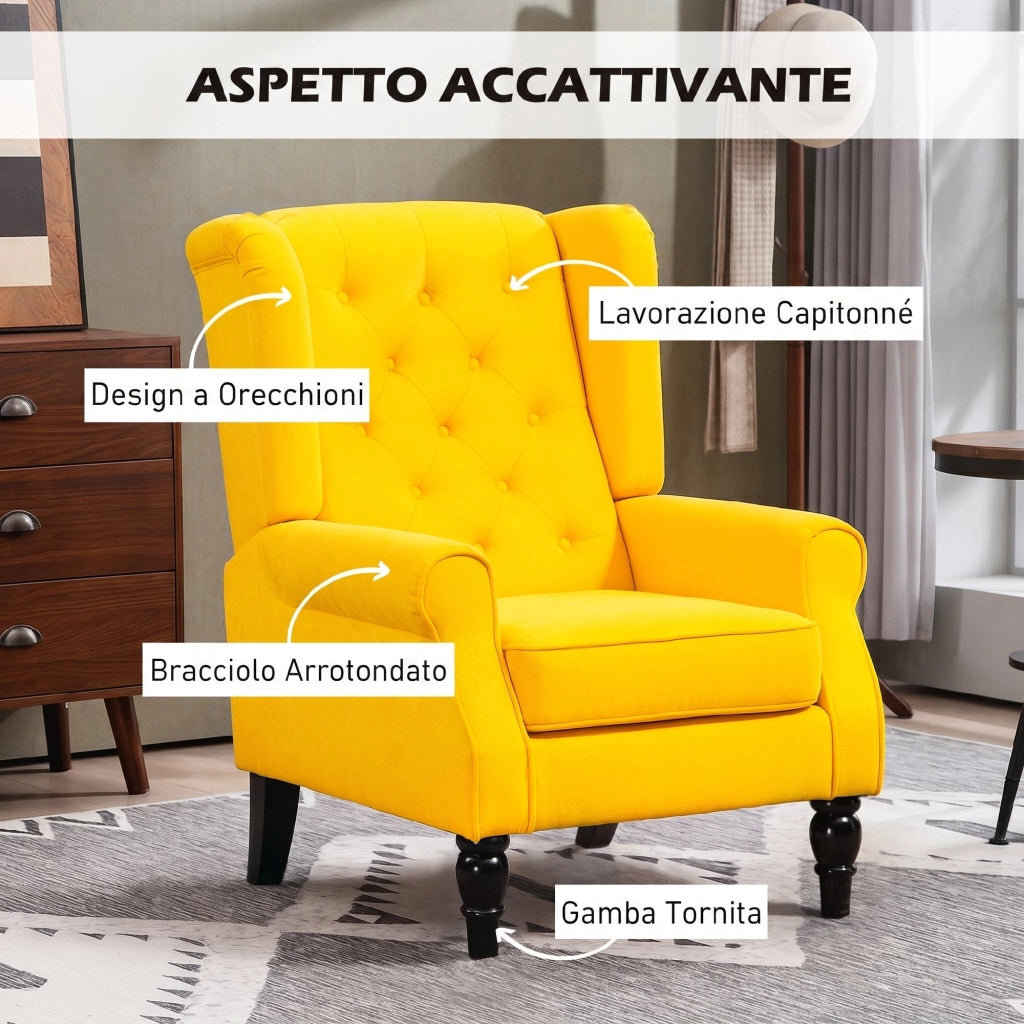 Poltrona Camera da Letto in Stile Francese 74x86x102 cm con Ampia Seduta e Gambe in Legno in Velluto Giallo