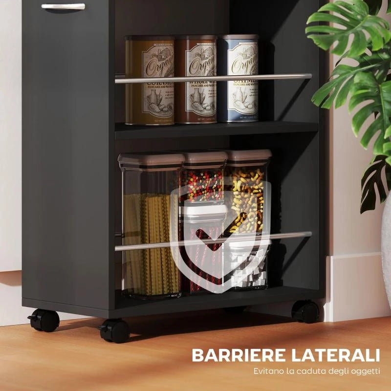 CARRELLO DA CUCINA CON 2 RIPIANI APERTI, CASSETTO E PARAPETTI, LEGNO E ACCIAIO INOX, 25X50X85 CM, NERO