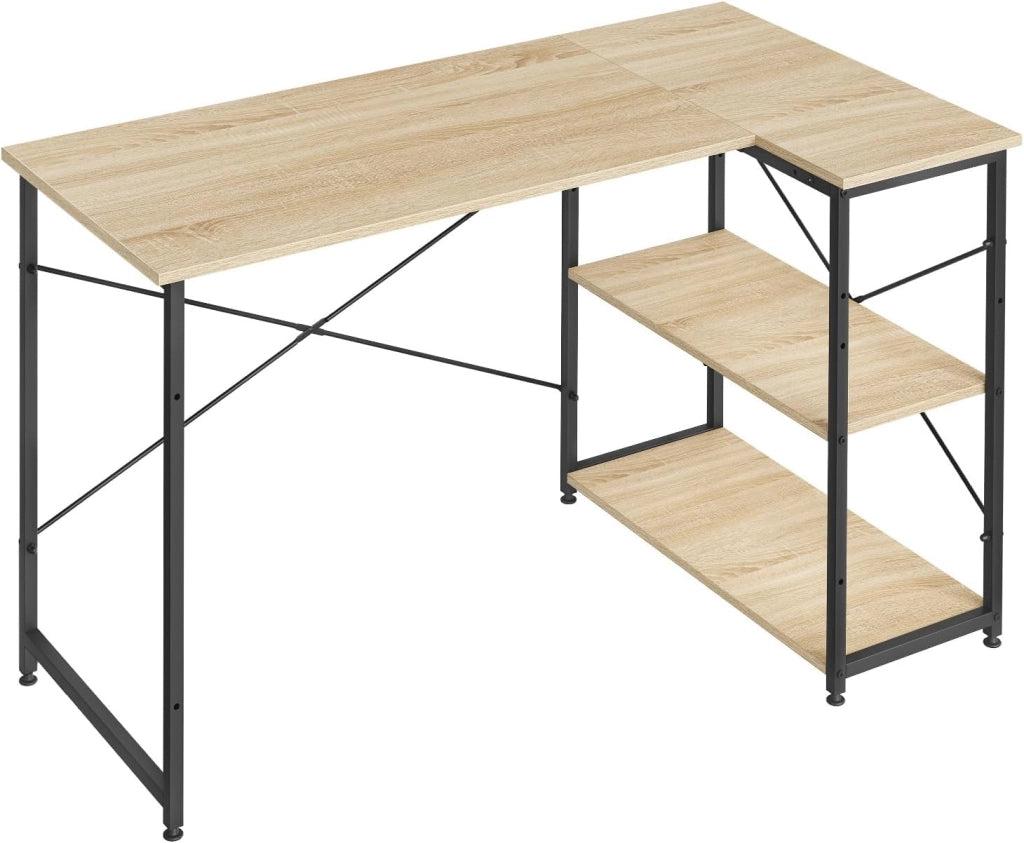 Scrivania Ufficio a L Compatta con Libreria Integrata - Design Salvaspazio per Studio/Camera, 120x73x72 cm, Rovere Naturale e Nero