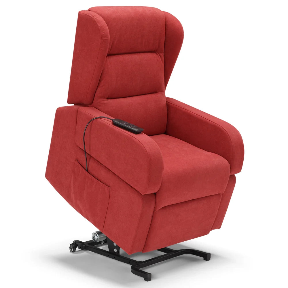 Poltrona relax elettrica Bilbao per anziani, 2 motori, 2 ruote, reclinazione e alzapersona, Tavolino di Servizio, braccioli estrabili, doppia pediera, colore Rosso