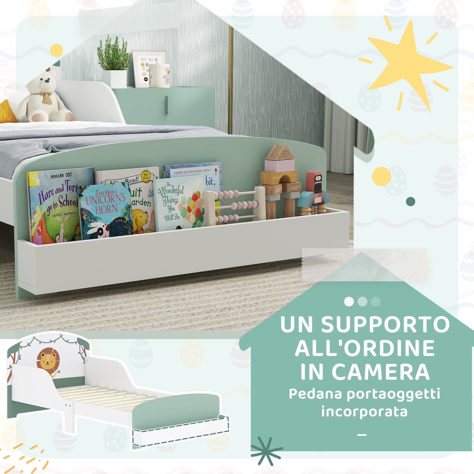 Letto Basso per Bambini 3-8 Anni 150x77x60 cm con Spazio Contenitore e Sponde Laterali in MDF Verde