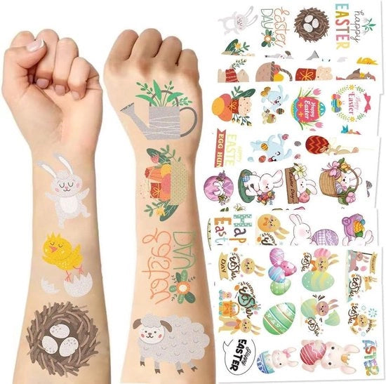 Tatuaggi temporanei per bambini - Disegni di pasqua con leone pasquale e uova di pasqua - Tatuaggi per pelle sensibile 10 pezzi.