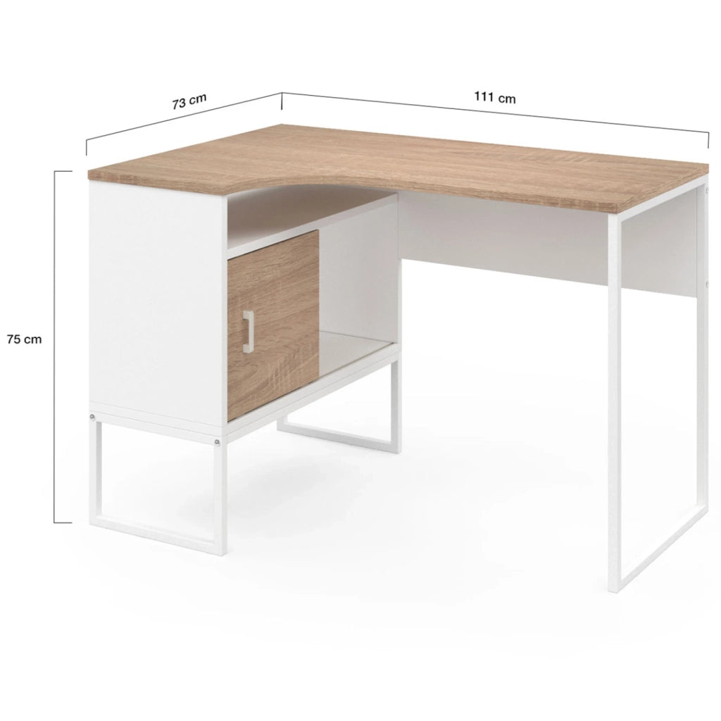 IDMarket - Scrivania angolare ROB in bianco e faggio con nicchia di contenimento e anta dal design industriale