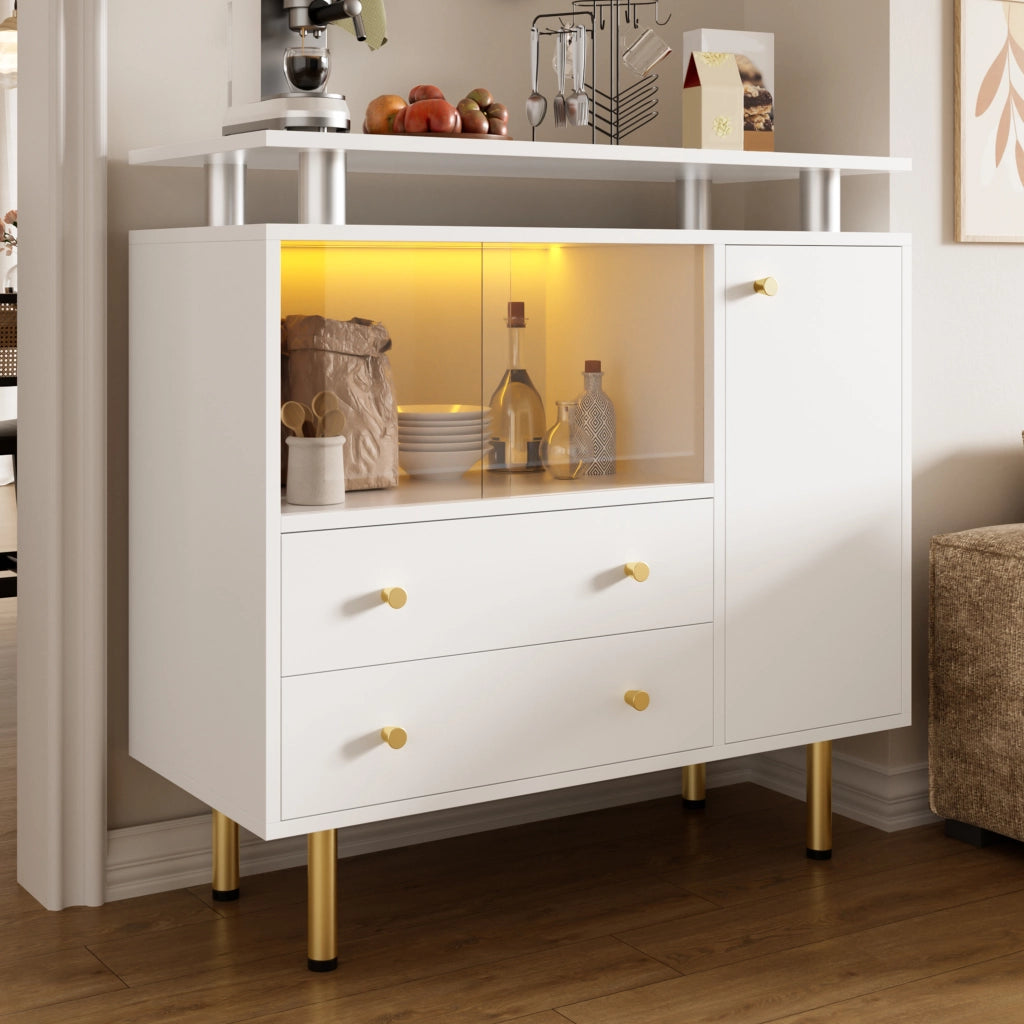 Madia moderna con illuminazione LED, 2 ante in vetro, 2 cassetti e 1 anta, bianca, 80 x 35 x 80 cm