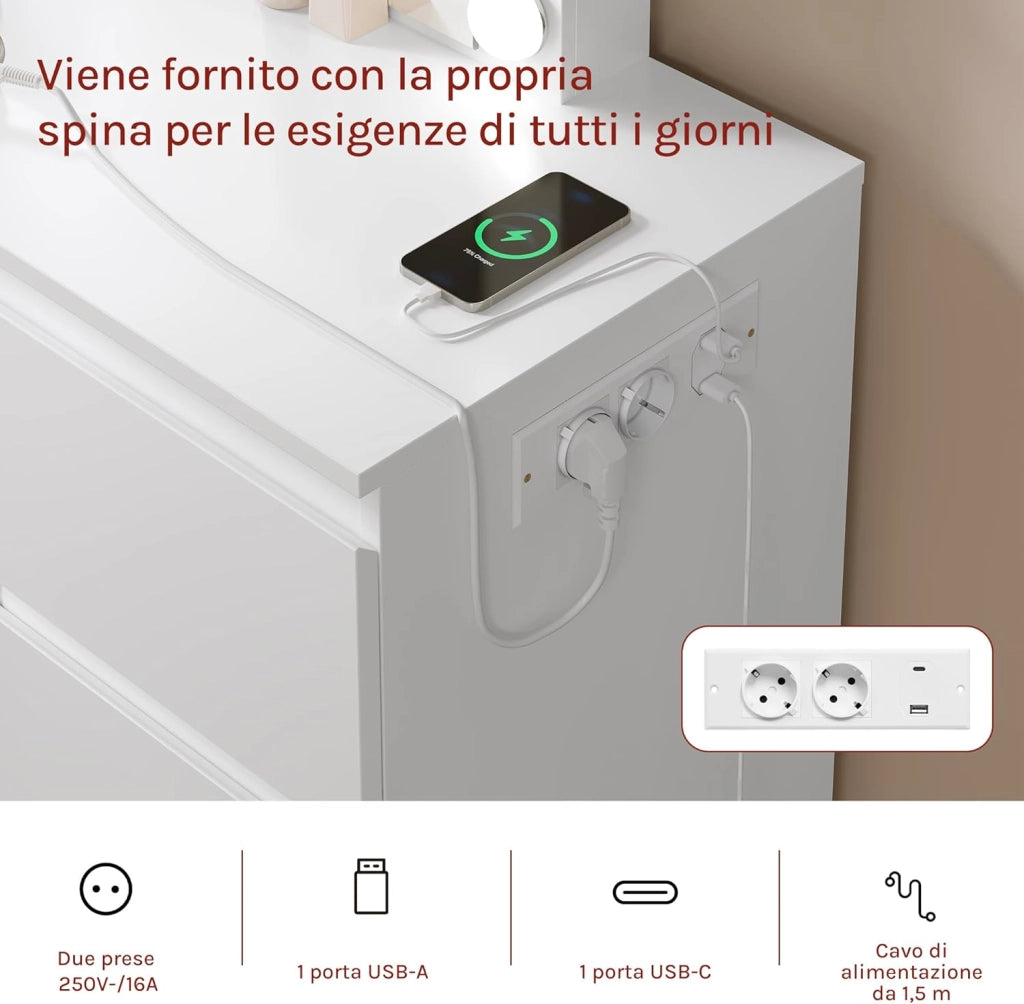 Toeletta da Trucco con Specchio LED Regolabile, Tavolo da Trucco Moderno con Cassetti e 2 Prese, 1 USB-A e 1 USB-C, Cavo di 1,5 m, Bianco