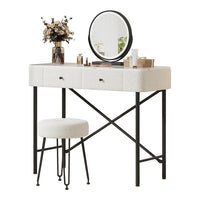 Toilette con illuminazione e sgabello - Xylo - Specchio LED, 2 cassetti, piano marmo, moderno, decor polare, nero e bianco, 100x40x120cm