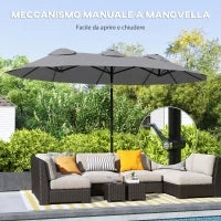 Ombrellone Doppio Inclinabile a 45° con Manovella e Prese d'Aria, in Acciaio e Poliestere, 285x147x227 cm, Grigio