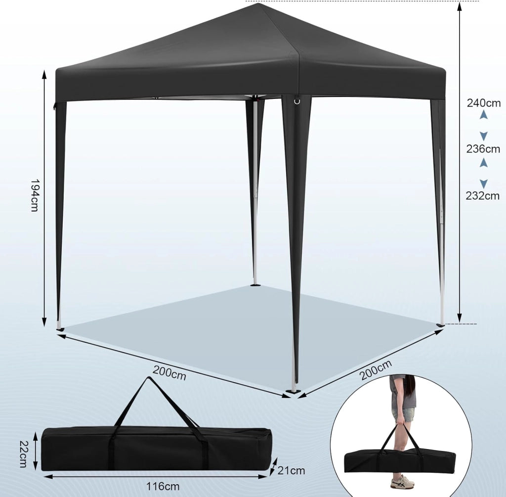 Gazebo Pieghevole da Giardino, Gazebo Impermeabile Pop Up da 2x2m con Pannelli Laterali, Tendone Esterno, Altezza Regolabile, Protezione UV, con Custodia, Antracite