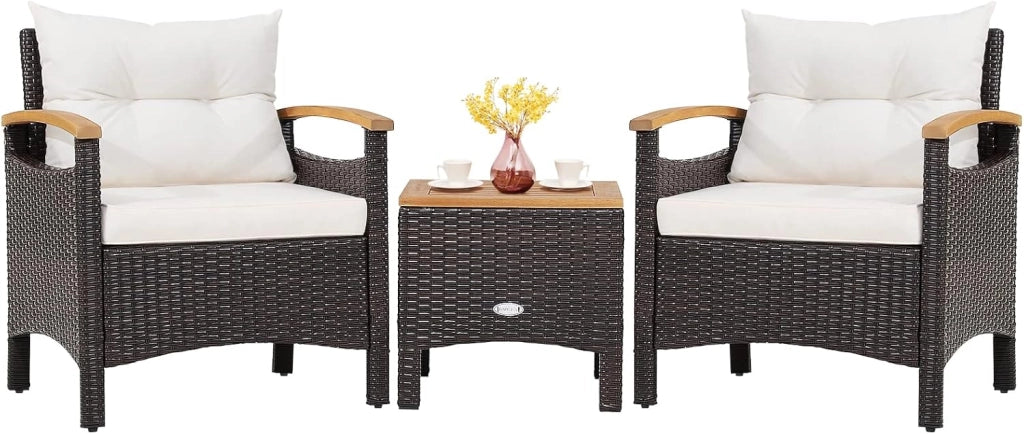 Set di 3 Pezzi di Mobili da Patio, 1 Tavolino e 2 Sedie, con Cuscino Rimovibile, Set di Divani in Rattan per Cortile Piscina Balcone e Patio