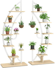 Scaffale per Piante a 7 Livelli, Scaffale a Forma di Mezza Luna con Gancio e Dispositivo Antiribaltamento, Porta Piante e Fiori per Soggiorno, 60 x 30 x 155 cm (2 PEZZI BIANCO)