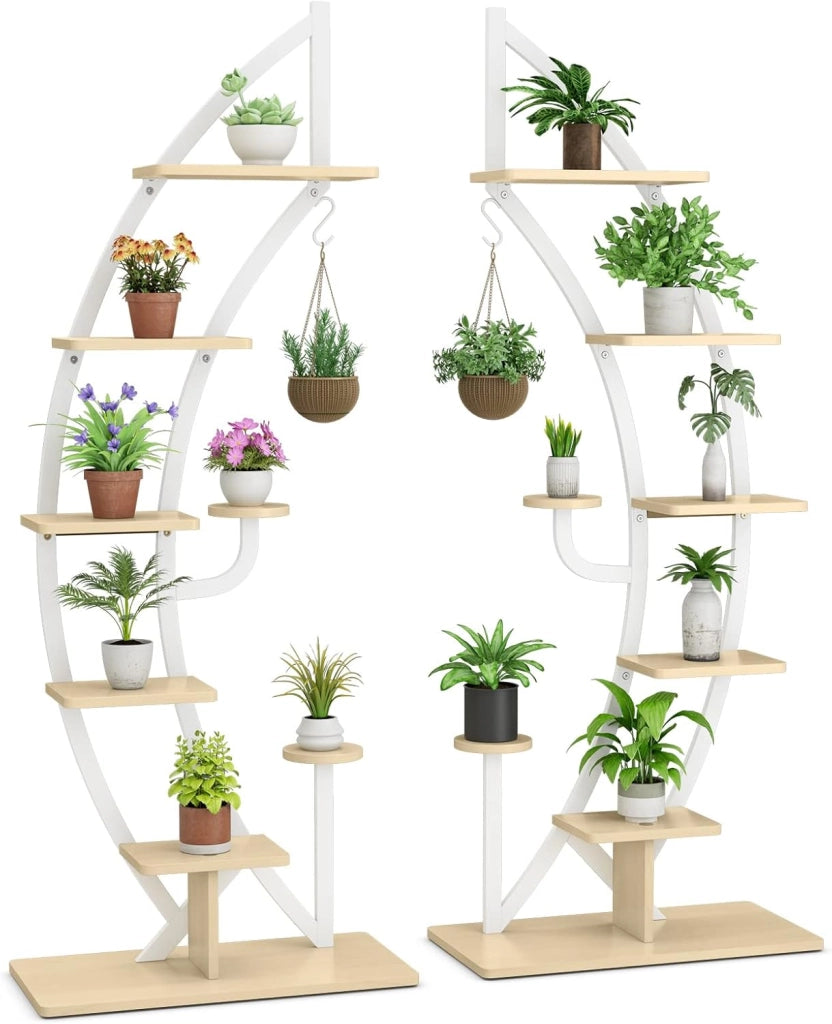 Scaffale per Piante a 7 Livelli, Scaffale a Forma di Mezza Luna con Gancio e Dispositivo Antiribaltamento, Porta Piante e Fiori per Soggiorno, 60 x 30 x 155 cm (2 PEZZI BIANCO)