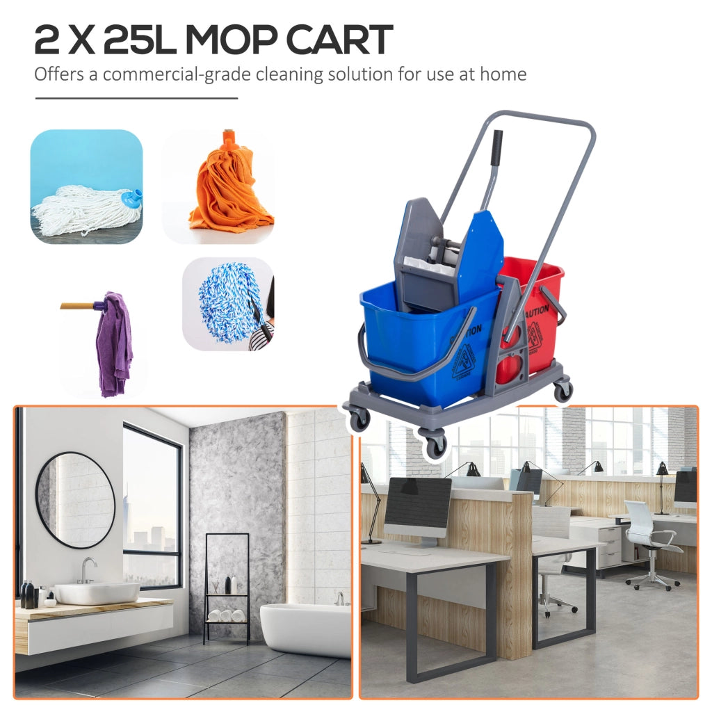 Carrello per la pulizia con 2 secchi e 4 ruote, in metallo/PP, blu/rosso, 73x45x92 cm per una pulizia efficiente.