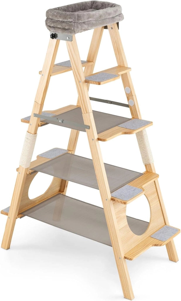 Albero per Gatti Alto 151cm, Tiragraffi per Gatti in Legno con Design a Scala, Cuscino Imbottito e Torretta Superiore, Palo Graffiatrice in Sisal, Mobile Salvaspazio per Gattini