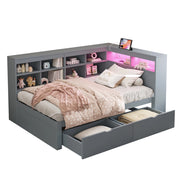 Letto Singolo 90x200 cm; Contenitore; USB e LED; con Ripiani in Legno Grigio
