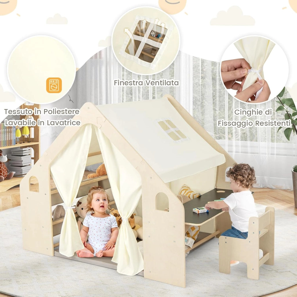 6 in 1 Tenda per Bambini in Legno, Tenda Casetta da Gioco con Tavolo e Sedia, con Tappetino Lavagna e 6 Scatole Portaghiochi, Capanna per Bambini (Beige 98 x 145 x 113 cm)