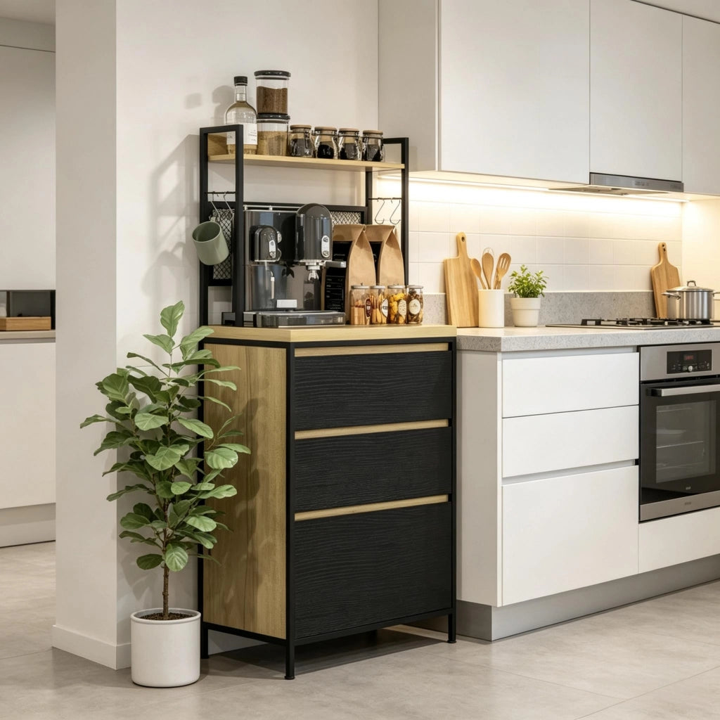 Mobile da cucina industriale con 3 cassetti, piano di lavoro, ripiano e 4 ganci